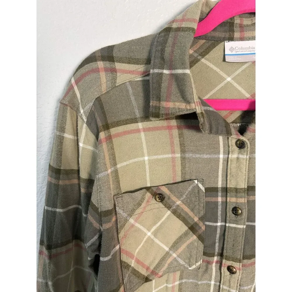 Columbia Women's Plaid Flannel Button Down Shirt Green Pink Size Medium Gorpcore - Picture 5 of 8